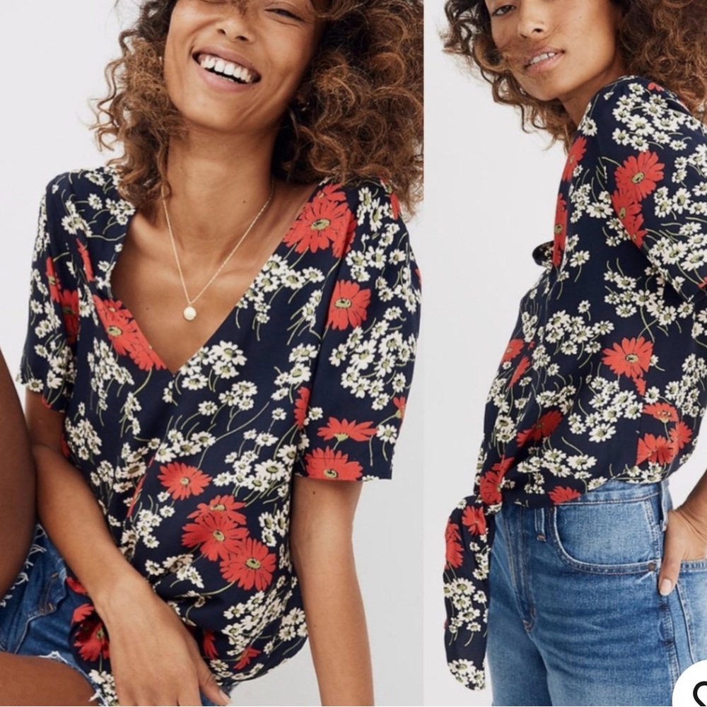 Madewell Navy and Red Floral Wrap Blouse